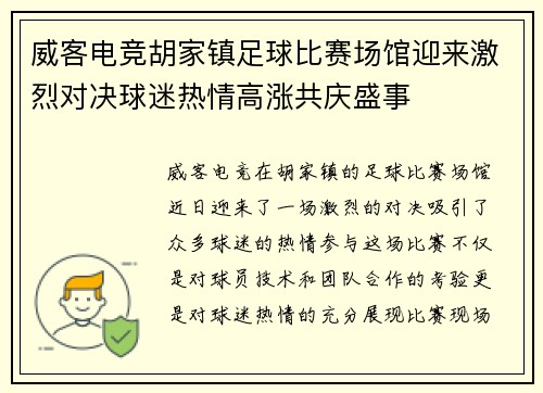 威客电竞胡家镇足球比赛场馆迎来激烈对决球迷热情高涨共庆盛事