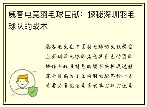 威客电竞羽毛球巨献：探秘深圳羽毛球队的战术