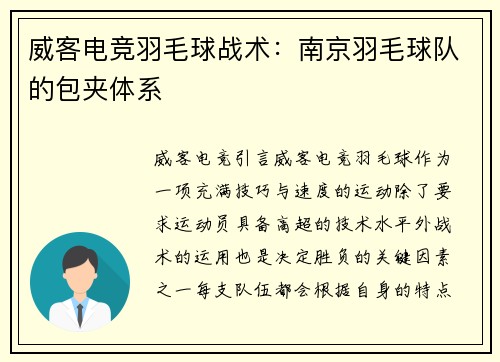 威客电竞羽毛球战术：南京羽毛球队的包夹体系