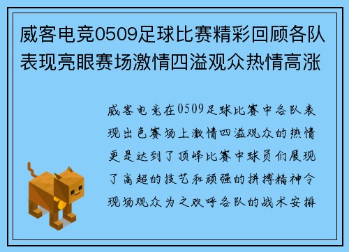 威客电竞0509足球比赛精彩回顾各队表现亮眼赛场激情四溢观众热情高涨