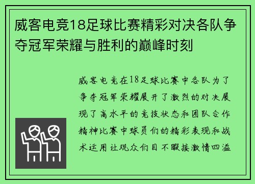 威客电竞18足球比赛精彩对决各队争夺冠军荣耀与胜利的巅峰时刻