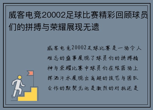 威客电竞20002足球比赛精彩回顾球员们的拼搏与荣耀展现无遗