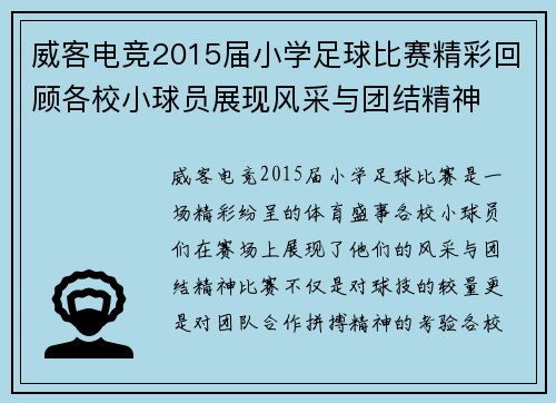 威客电竞2015届小学足球比赛精彩回顾各校小球员展现风采与团结精神