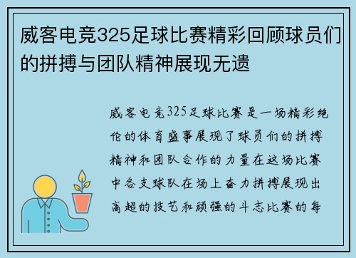 威客电竞325足球比赛精彩回顾球员们的拼搏与团队精神展现无遗