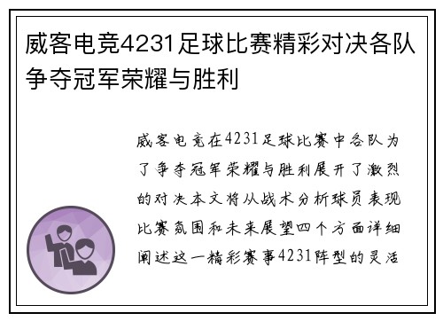 威客电竞4231足球比赛精彩对决各队争夺冠军荣耀与胜利