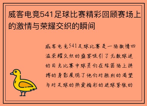 威客电竞541足球比赛精彩回顾赛场上的激情与荣耀交织的瞬间