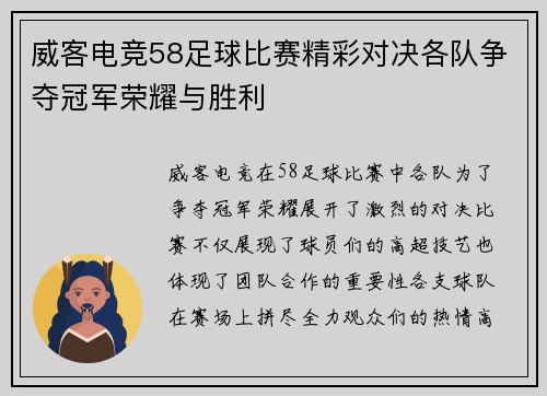 威客电竞58足球比赛精彩对决各队争夺冠军荣耀与胜利