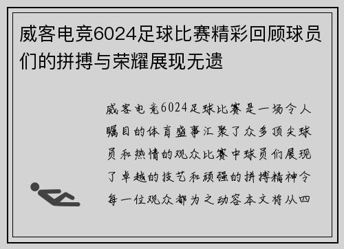 威客电竞6024足球比赛精彩回顾球员们的拼搏与荣耀展现无遗