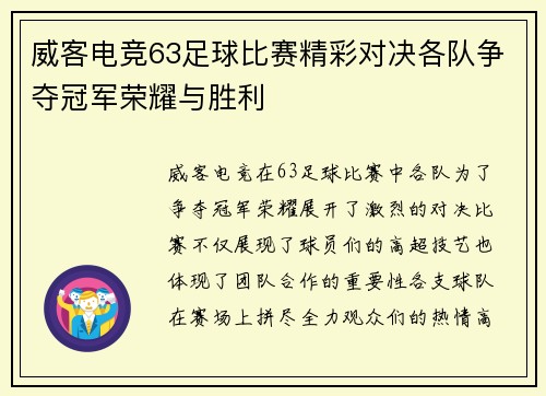 威客电竞63足球比赛精彩对决各队争夺冠军荣耀与胜利