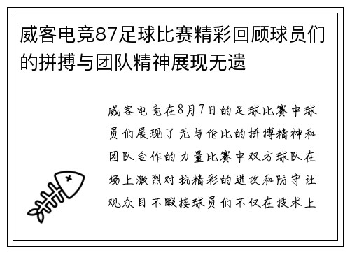 威客电竞87足球比赛精彩回顾球员们的拼搏与团队精神展现无遗