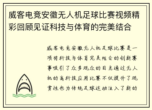 威客电竞安徽无人机足球比赛视频精彩回顾见证科技与体育的完美结合