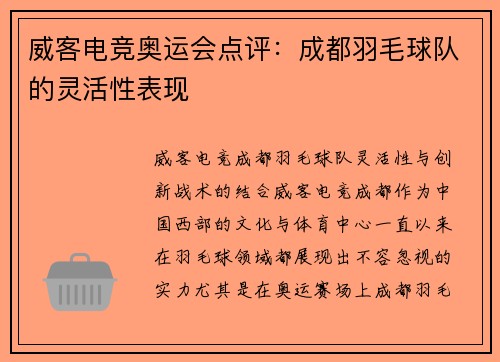 威客电竞奥运会点评：成都羽毛球队的灵活性表现