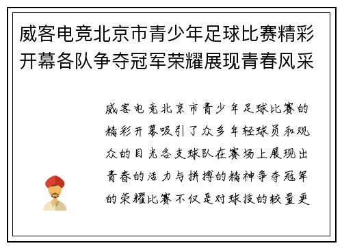 威客电竞北京市青少年足球比赛精彩开幕各队争夺冠军荣耀展现青春风采