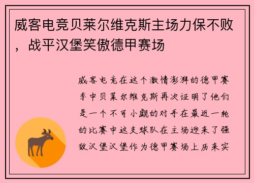 威客电竞贝莱尔维克斯主场力保不败，战平汉堡笑傲德甲赛场