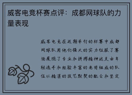 威客电竞杯赛点评：成都网球队的力量表现