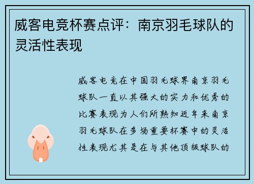威客电竞杯赛点评：南京羽毛球队的灵活性表现