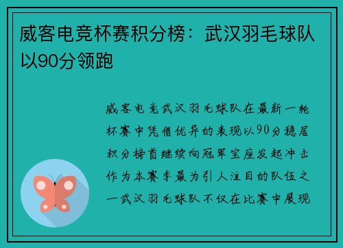 威客电竞杯赛积分榜：武汉羽毛球队以90分领跑
