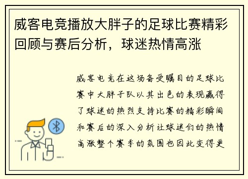 威客电竞播放大胖子的足球比赛精彩回顾与赛后分析，球迷热情高涨
