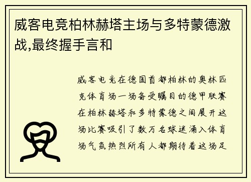 威客电竞柏林赫塔主场与多特蒙德激战,最终握手言和