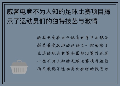 威客电竞不为人知的足球比赛项目揭示了运动员们的独特技艺与激情