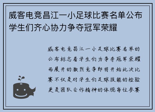 威客电竞昌江一小足球比赛名单公布学生们齐心协力争夺冠军荣耀