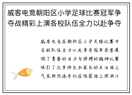 威客电竞朝阳区小学足球比赛冠军争夺战精彩上演各校队伍全力以赴争夺荣誉