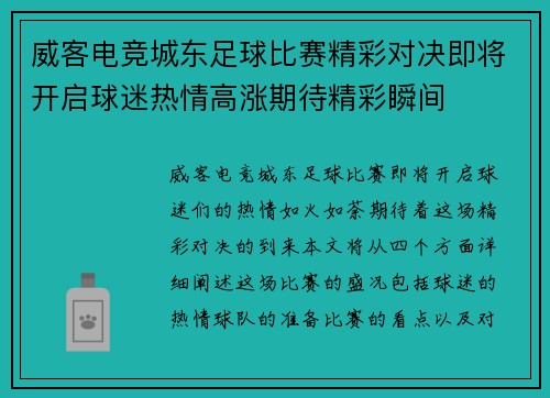 威客电竞城东足球比赛精彩对决即将开启球迷热情高涨期待精彩瞬间