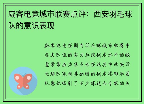 威客电竞城市联赛点评：西安羽毛球队的意识表现