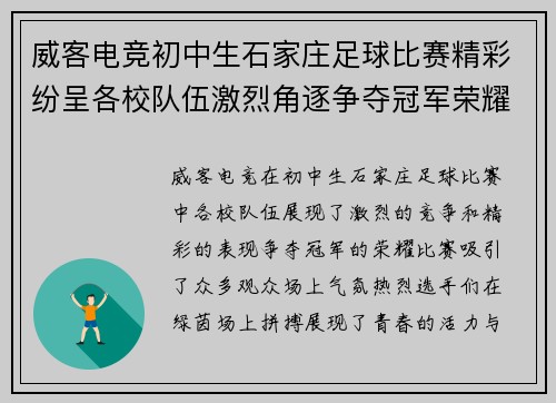 威客电竞初中生石家庄足球比赛精彩纷呈各校队伍激烈角逐争夺冠军荣耀