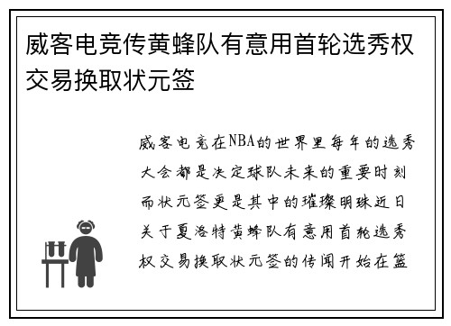 威客电竞传黄蜂队有意用首轮选秀权交易换取状元签