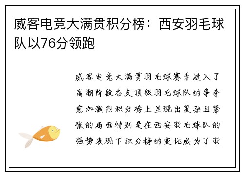 威客电竞大满贯积分榜：西安羽毛球队以76分领跑