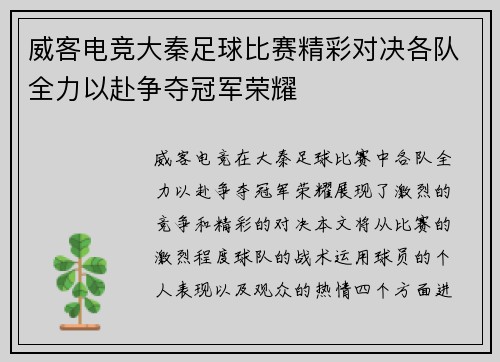威客电竞大秦足球比赛精彩对决各队全力以赴争夺冠军荣耀