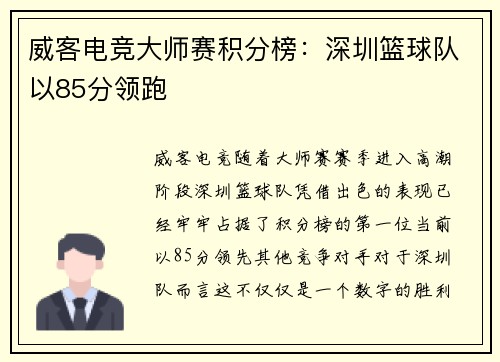 威客电竞大师赛积分榜：深圳篮球队以85分领跑