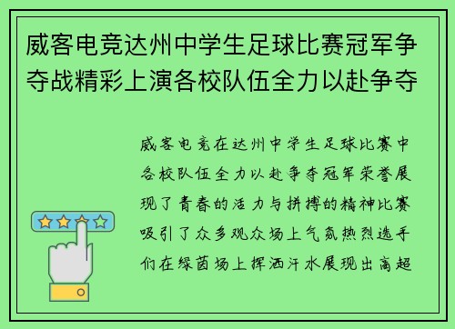 威客电竞达州中学生足球比赛冠军争夺战精彩上演各校队伍全力以赴争夺荣誉