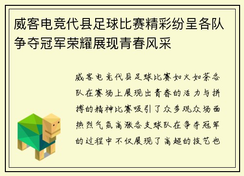 威客电竞代县足球比赛精彩纷呈各队争夺冠军荣耀展现青春风采