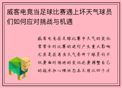 威客电竞当足球比赛遇上坏天气球员们如何应对挑战与机遇