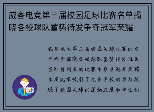 威客电竞第三届校园足球比赛名单揭晓各校球队蓄势待发争夺冠军荣耀