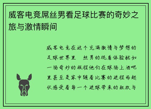 威客电竞屌丝男看足球比赛的奇妙之旅与激情瞬间