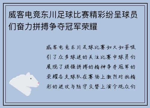 威客电竞东川足球比赛精彩纷呈球员们奋力拼搏争夺冠军荣耀
