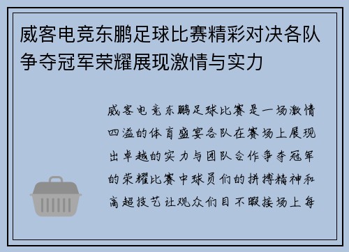 威客电竞东鹏足球比赛精彩对决各队争夺冠军荣耀展现激情与实力