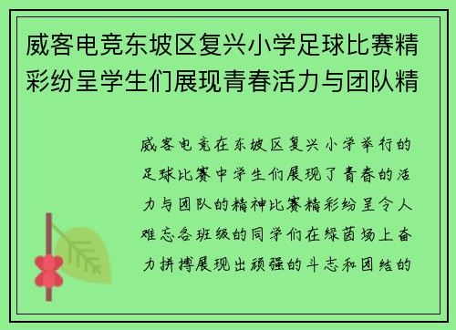 威客电竞东坡区复兴小学足球比赛精彩纷呈学生们展现青春活力与团队精神