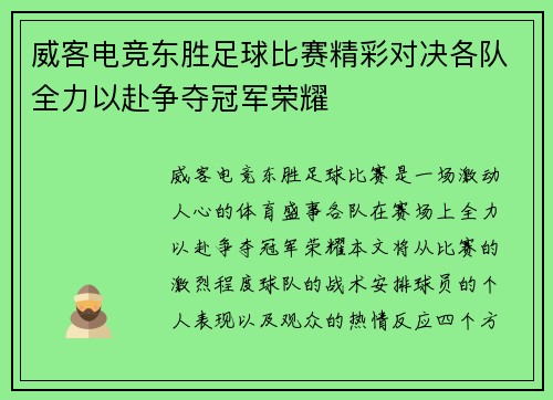 威客电竞东胜足球比赛精彩对决各队全力以赴争夺冠军荣耀