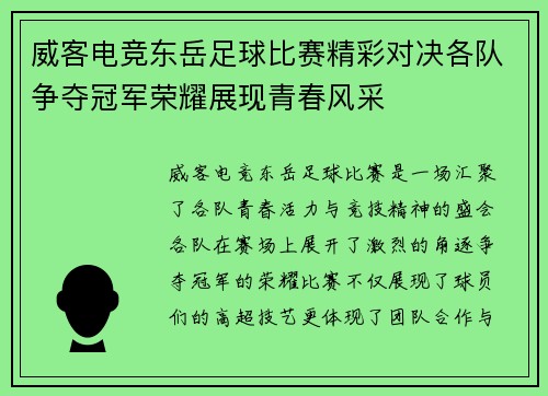 威客电竞东岳足球比赛精彩对决各队争夺冠军荣耀展现青春风采