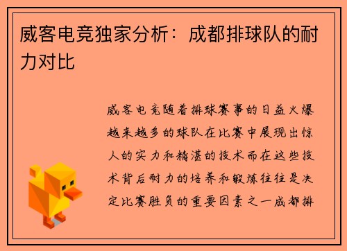 威客电竞独家分析：成都排球队的耐力对比