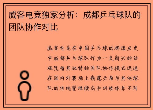 威客电竞独家分析：成都乒乓球队的团队协作对比