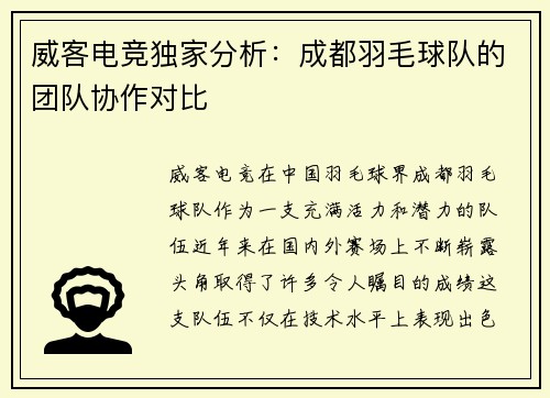威客电竞独家分析：成都羽毛球队的团队协作对比