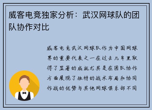 威客电竞独家分析：武汉网球队的团队协作对比