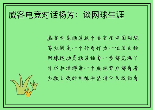 威客电竞对话杨芳：谈网球生涯