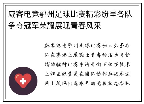威客电竞鄂州足球比赛精彩纷呈各队争夺冠军荣耀展现青春风采