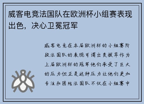威客电竞法国队在欧洲杯小组赛表现出色，决心卫冕冠军